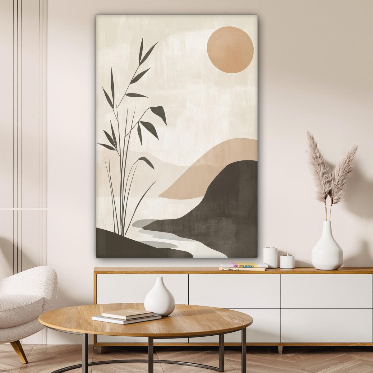LEINWANDBILD Japandi - Landschaft - Beige Deko XXL 80x120 cm - Cognac, Textil (80/120cm) - MuchoWow
