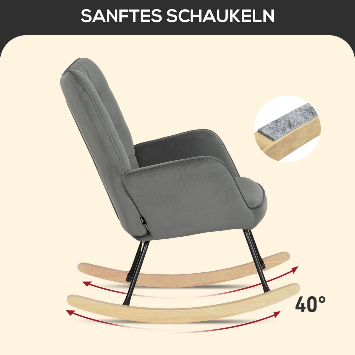 SCHAUKELSTUHL, Schaukelsessel mit Samtoptik, Armlehne für Wohnzimmer, Dunkelgrau - Dunkelgrau/Naturfarben, Holz/Buchenholz (98/101/71cm) - HOMCOM
