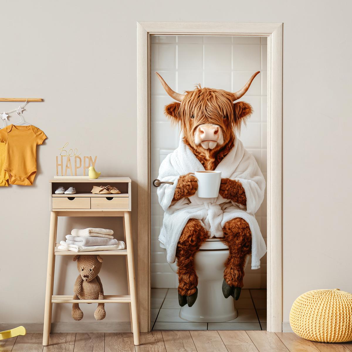 TÜRAUFKLEBER Schottischer Highlander - WC - Bademantel - Modern - Tiere 90x215 cm - Türtapete - Kastanienfarben, Kunststoff (90/0.1cm) - MuchoWow