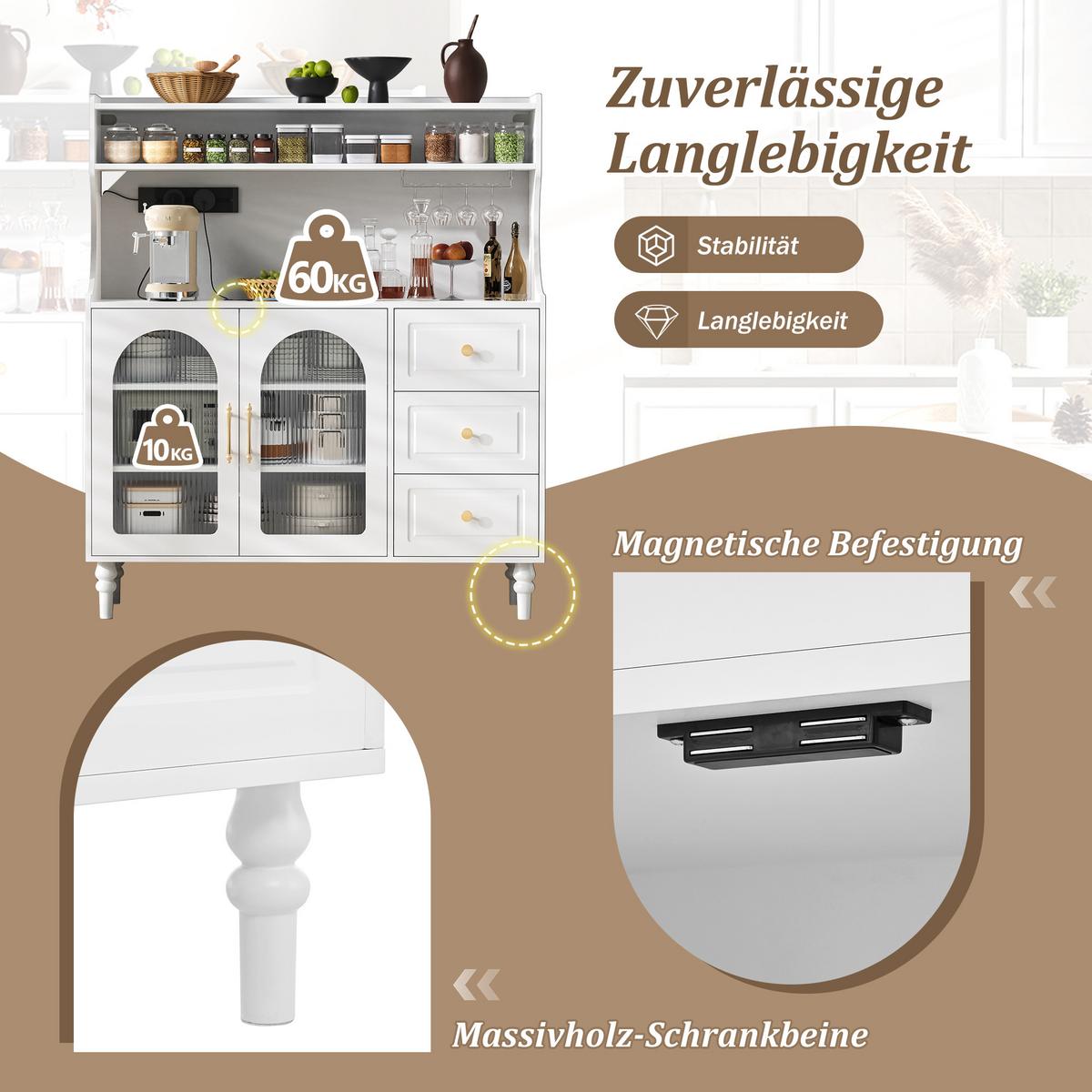 BUFFETSCHRANK mdf in weiß mit riffelglas, ladestation & weinglashalter - Weiß, Holzwerkstoff (120/138.5/40cm) - Urban Meuble