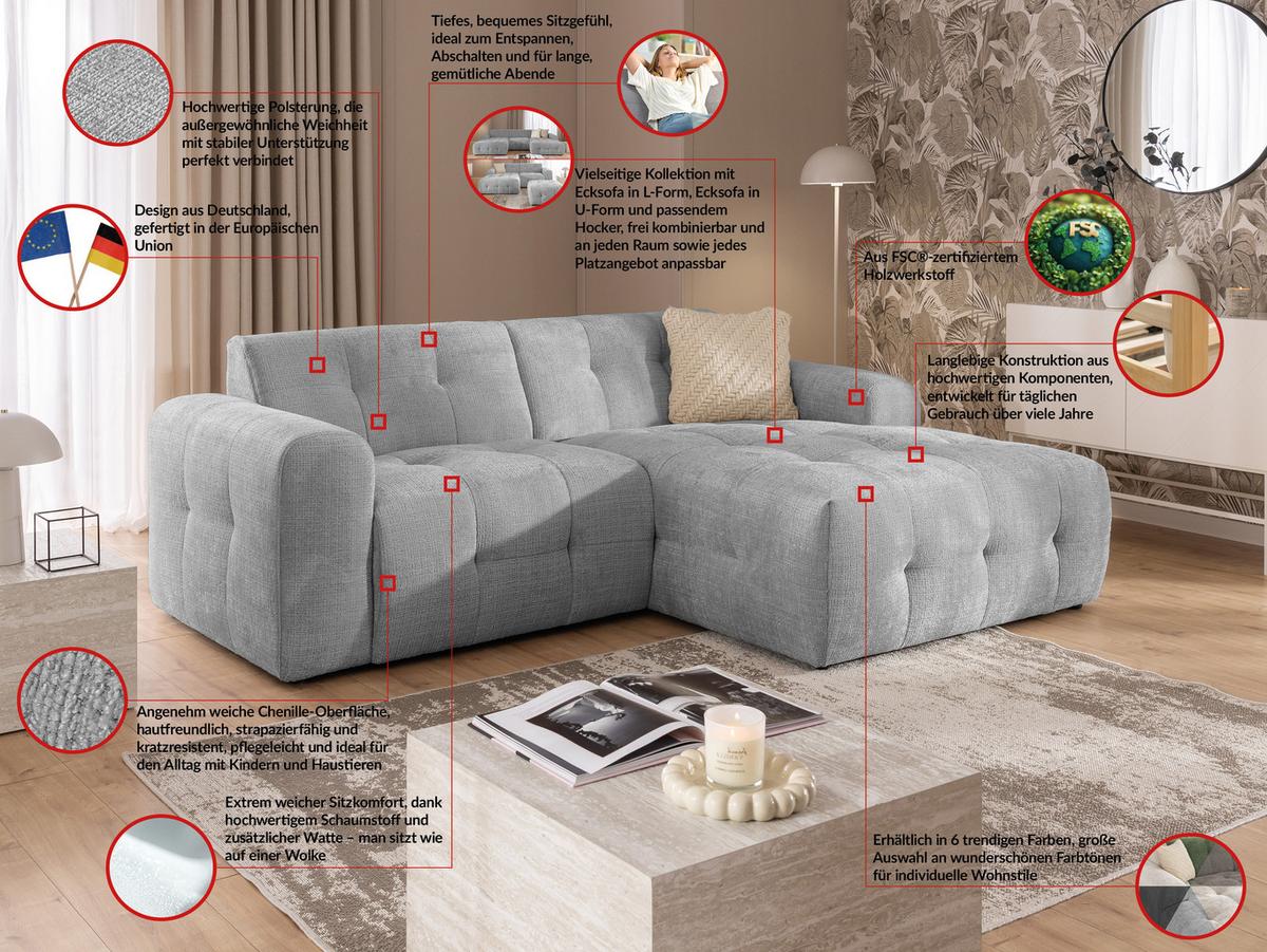 ECKSOFA inkl. Hocker Kozy im Bumpy-Design mit Schlaffunktion und fester Rückenlehne aus weichem Hellgrau Chenille-Stoff - Ottomane rechts - Hellgrau/Schwarz, Holz/Kunststoff (234/161cm) - S-Style Möbel