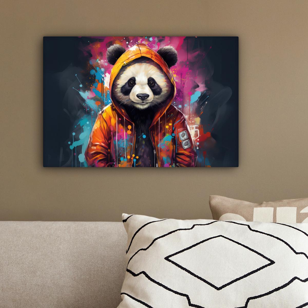LEINWANDBILD Panda - Jacke - Graffiti - Orange Deko Schlafzimmer 30x20 cm - Orange, Textil (30/20cm) - MuchoWow