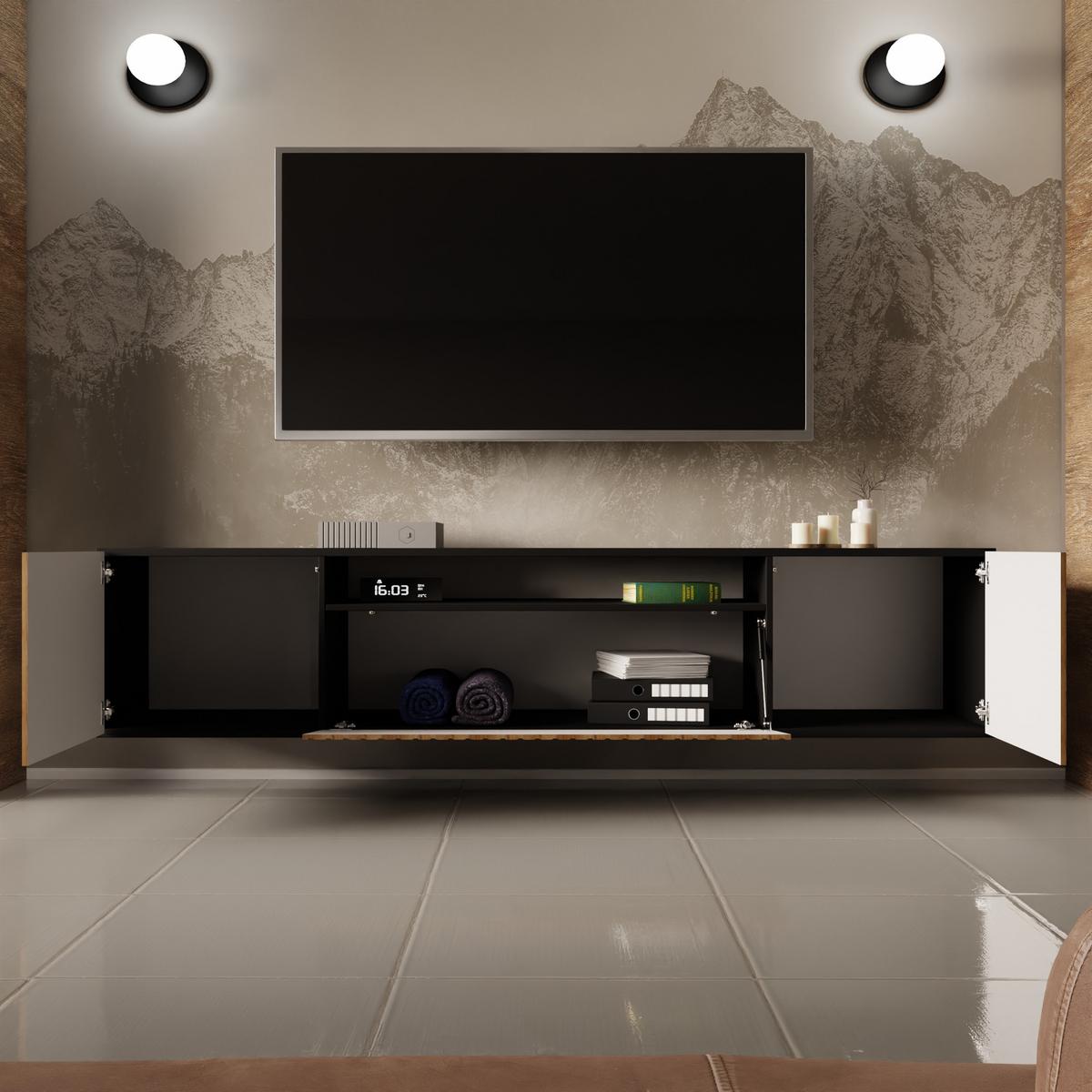 LOWBOARD LIVO 200/41/40 cm, Hängender TV-Schrank Schwarz / Eichefarben - Eichefarben/Schwarz, Holzwerkstoff (200/41/40cm) - MASSENO