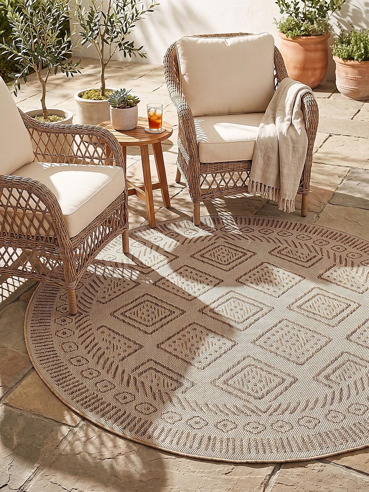TEPPICH Flachgewebe, Outdoor, Fußbodenheizung-geeignet, mit Rautenmuster, VIGOLENO in Beige-Braun, Ø 160 cm - Beige, Textil (160/160cm) - KADIMA DESIGN
