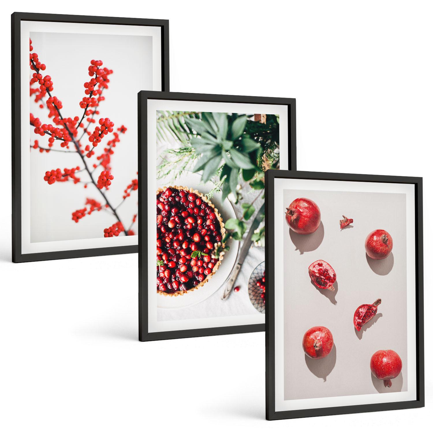 BILDER SET 3er Set - 40x60 cm Schwarzer Rahmen - Minimalismus der roten Früchte von Pflanzen - Schwarz, Kunststoff (40/60cm) - TULUP