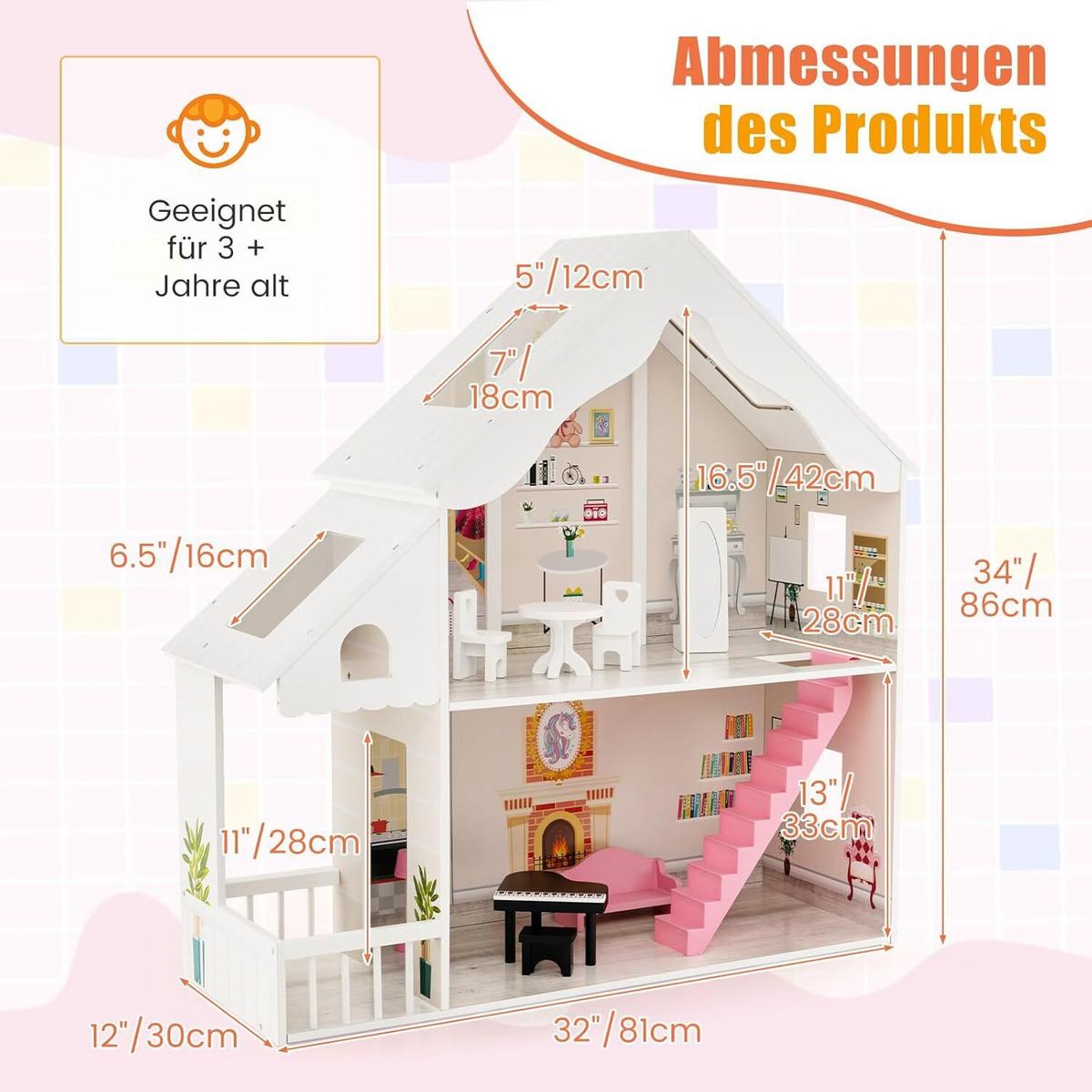 PUPPENHAUS 86cm Weiß - Weiß, Holz (81/86/30cm) - COSTWAY