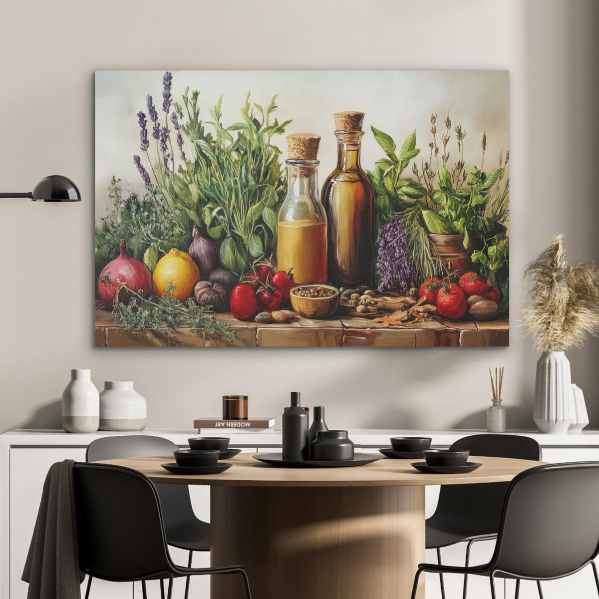 AKUSTIKBILD Stilleben - Kräuter - Gewürze - Früchte - Farbenfroh Wandbild Wohnzimmer 100x70 cm - Grün, Kunststoff (100/70/0.9cm) - MuchoWow