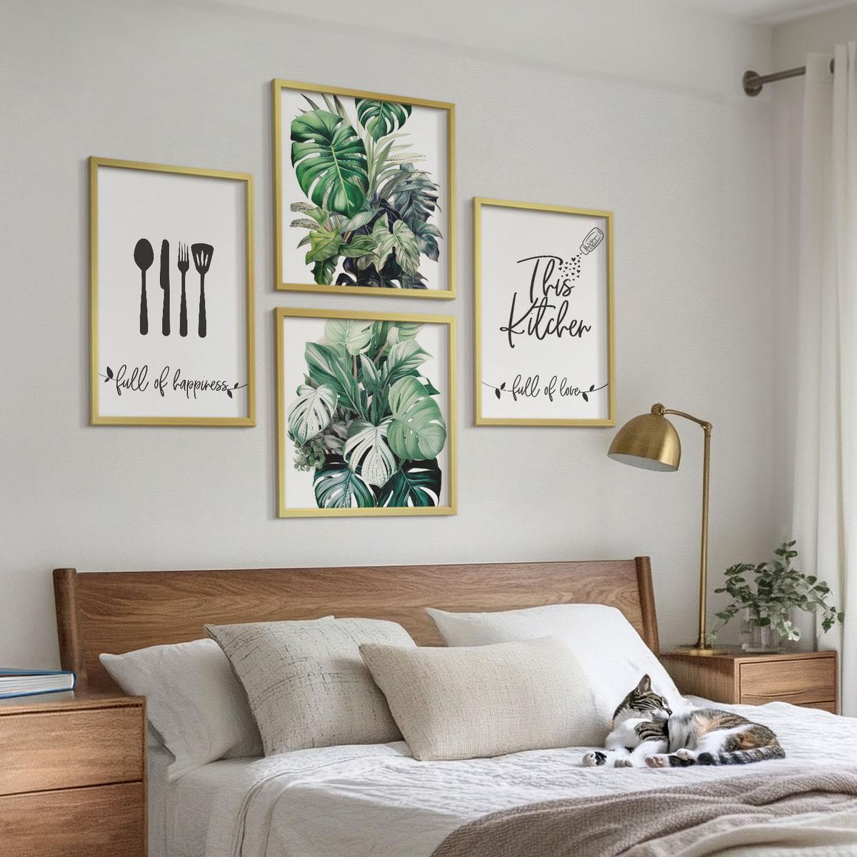 BILDER SET 4er Set - 50x50 cm & 40x60 cm Goldrahmen - Küchenutensilienmuster Blätter - Goldfarben, Kunststoff (50/50cm) - TULUP