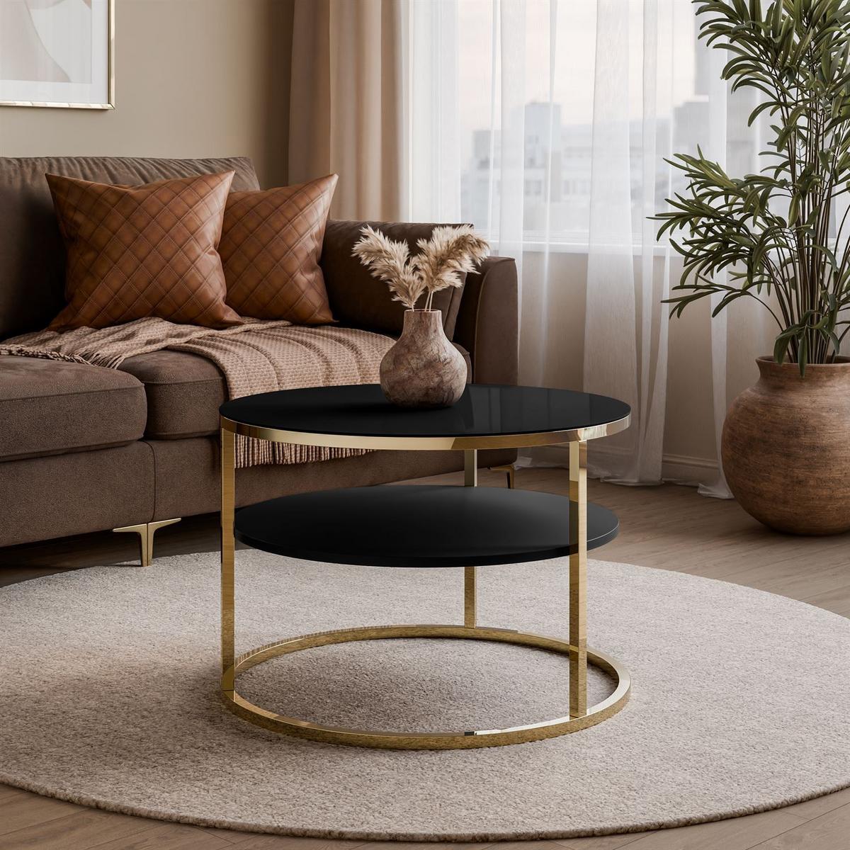 COUCHTISCH CIRI GLASS mit Ablage und Gestell in Goldchrom Schwarzes Glass - Goldfarben/Schwarz, Glas (70/70/47cm) - Lookway