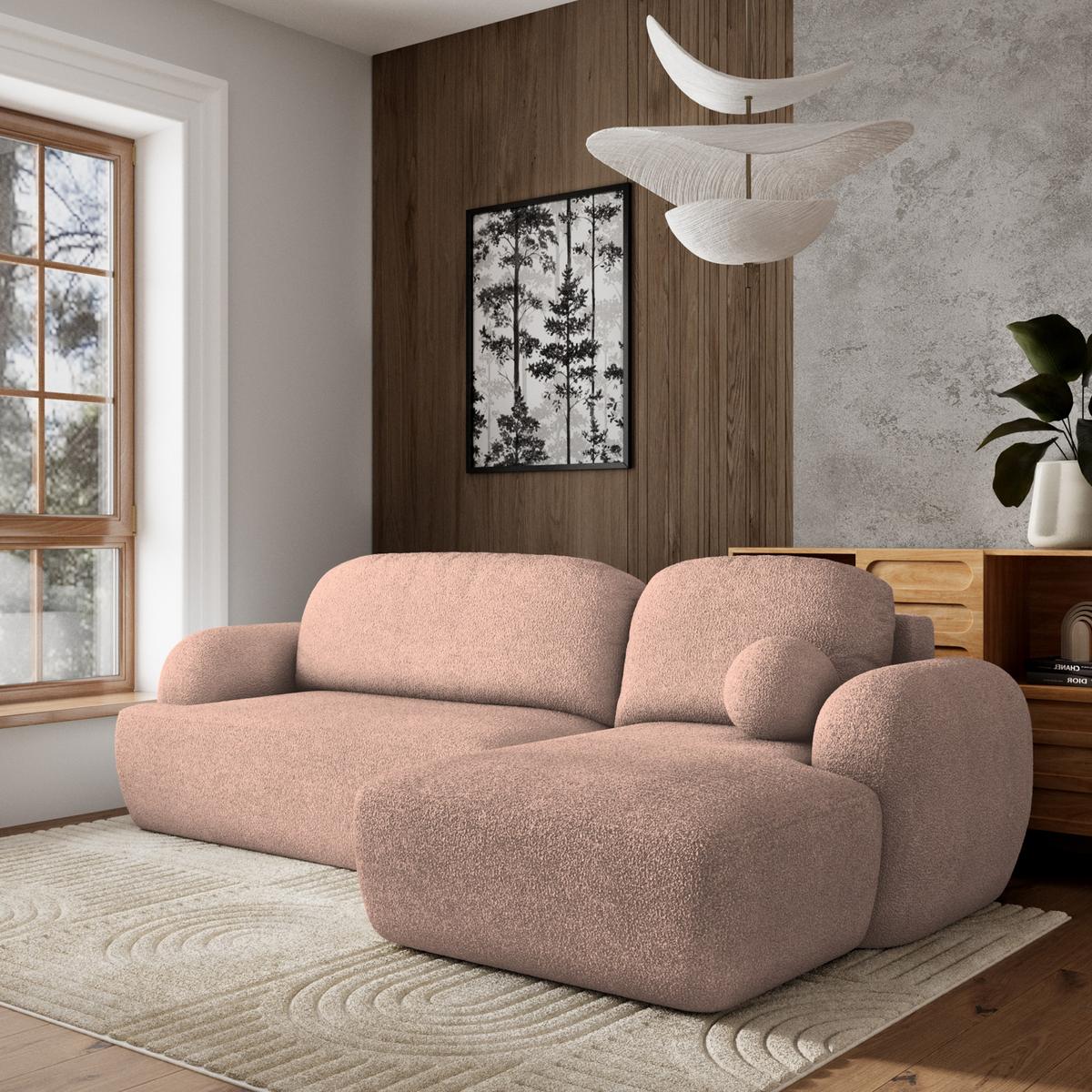ECKSOFA MODENZA N R-S Rosa Boucle-Stoff mit Schlaffunktion - Schwarz/Rosa, Holz/Kunststoff (266/148cm) - MASSENO