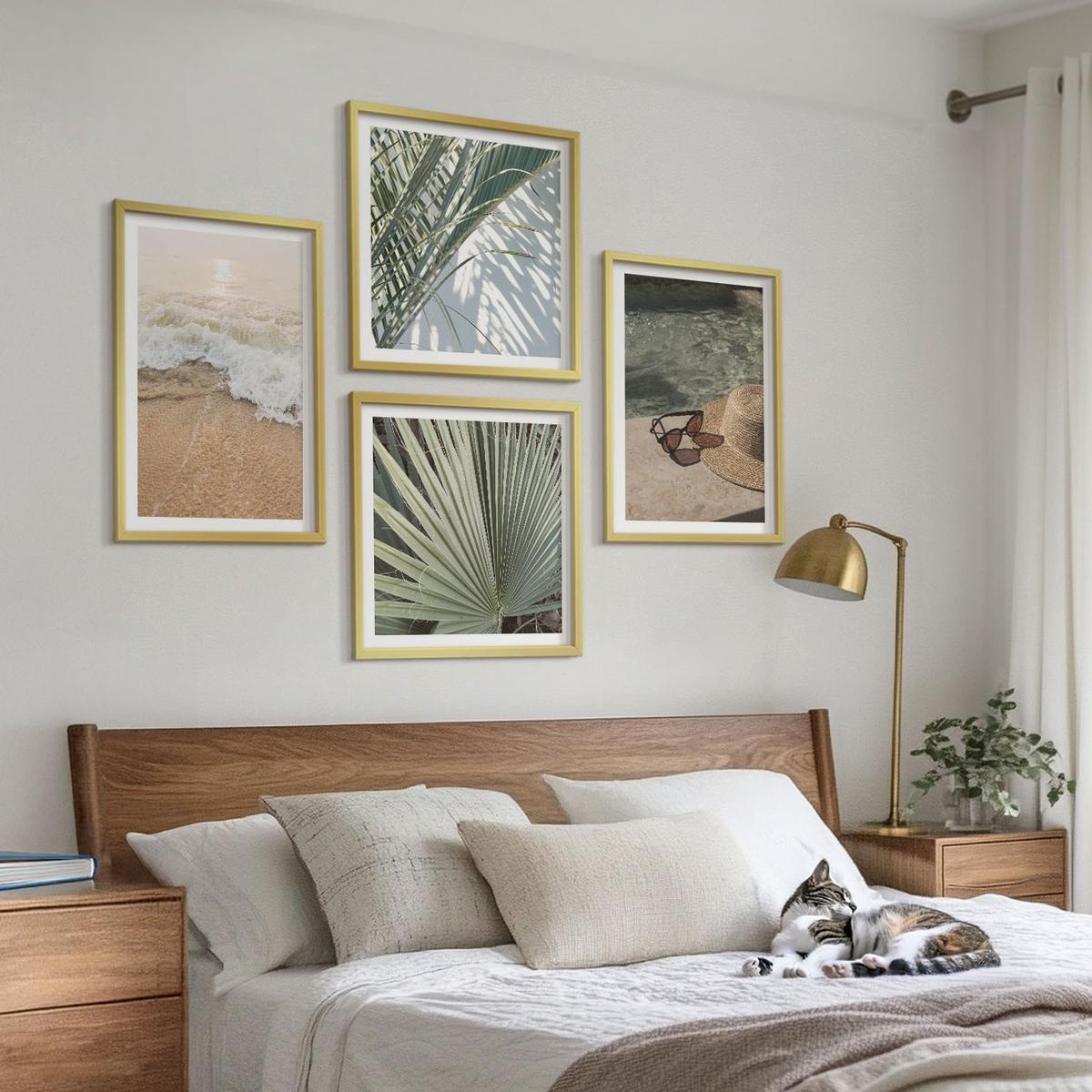 BILDER SET 4er Set - 50x50 cm & 40x60 cm Goldrahmen - Strandhut und Sonnenbrille - Goldfarben, Kunststoff (50/50cm) - TULUP