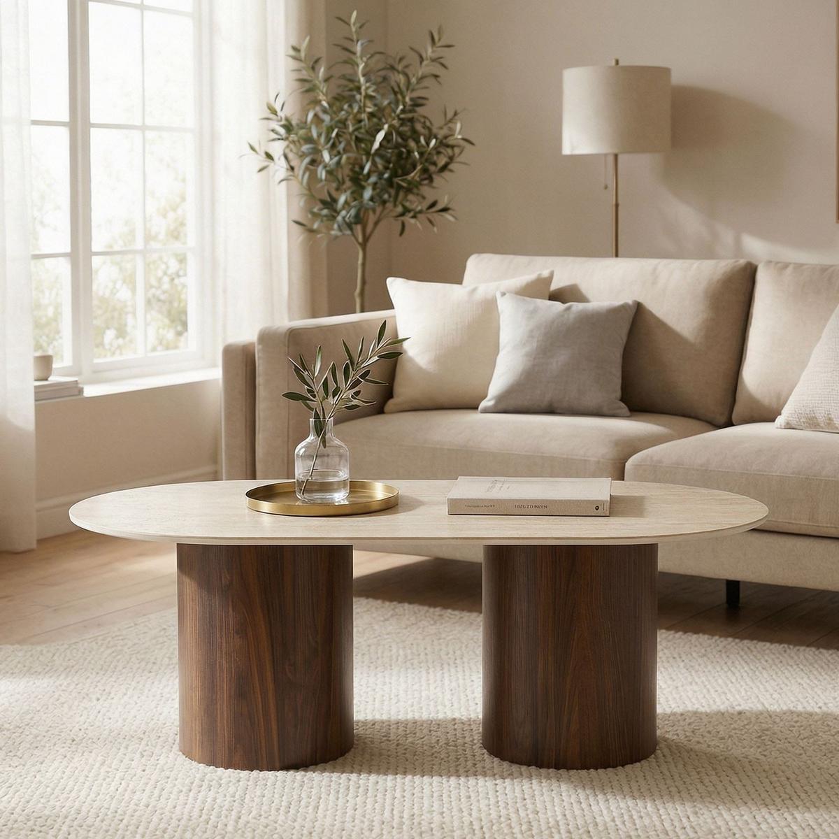 COUCHTISCH REALM Travertin - Beige/Nussbaumfarben, Holzwerkstoff (60/120/45cm) - IDIMEX