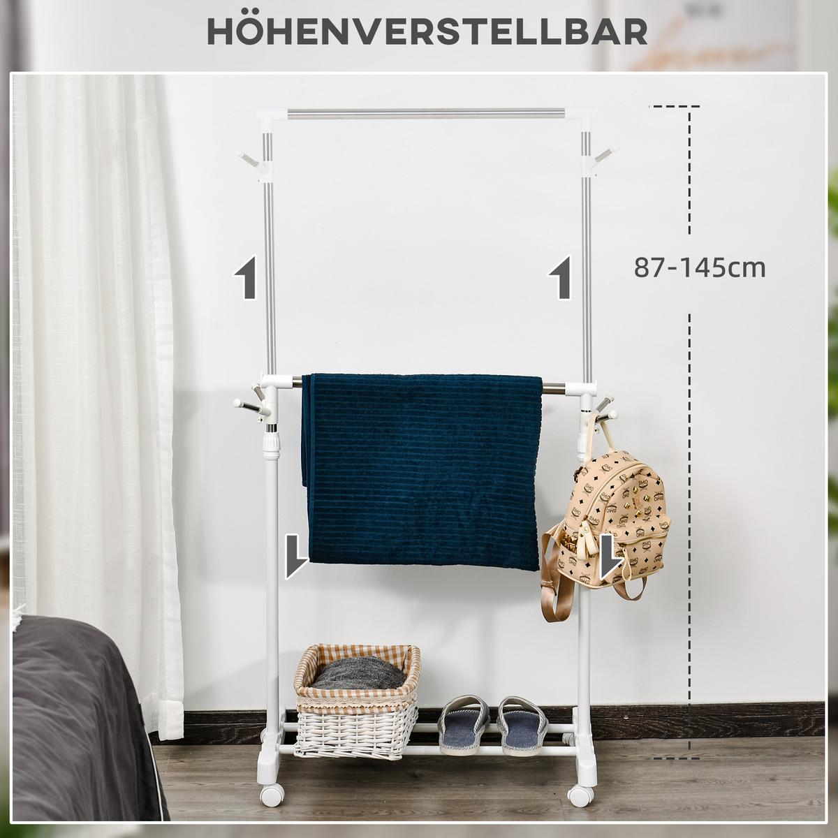 KLEIDERSTÄNDER Garderobenständer mit Kleiderstange, Haken, Regal, Weiß - Weiß, Metall (42/145/68.5cm) - HOMCOM