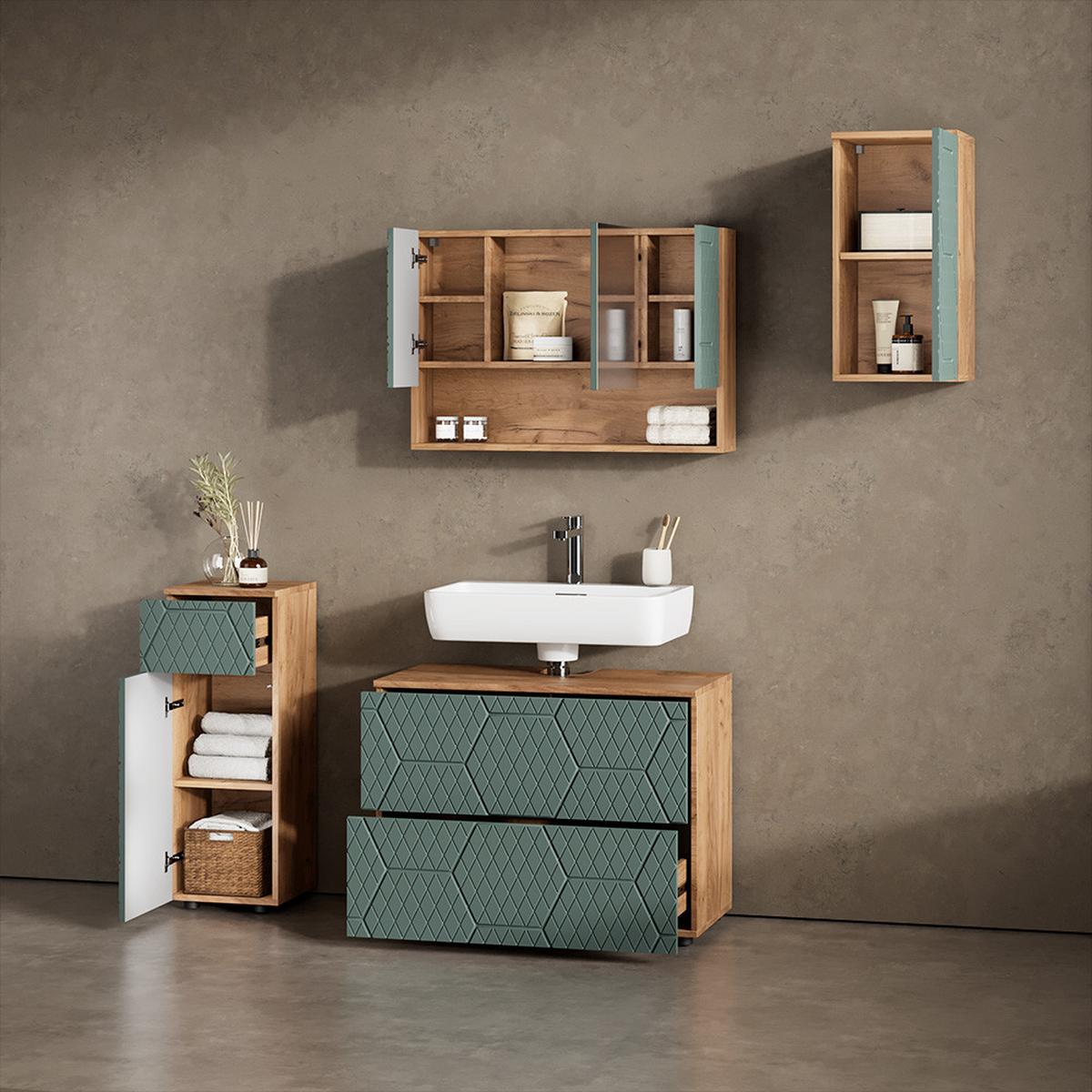 BADMÖBEL-SET Ronco Grün/Goldkraft Eiche 4 Teile - Honigeiche/Grün, Holzwerkstoff (80/58/41cm) - Livinity®