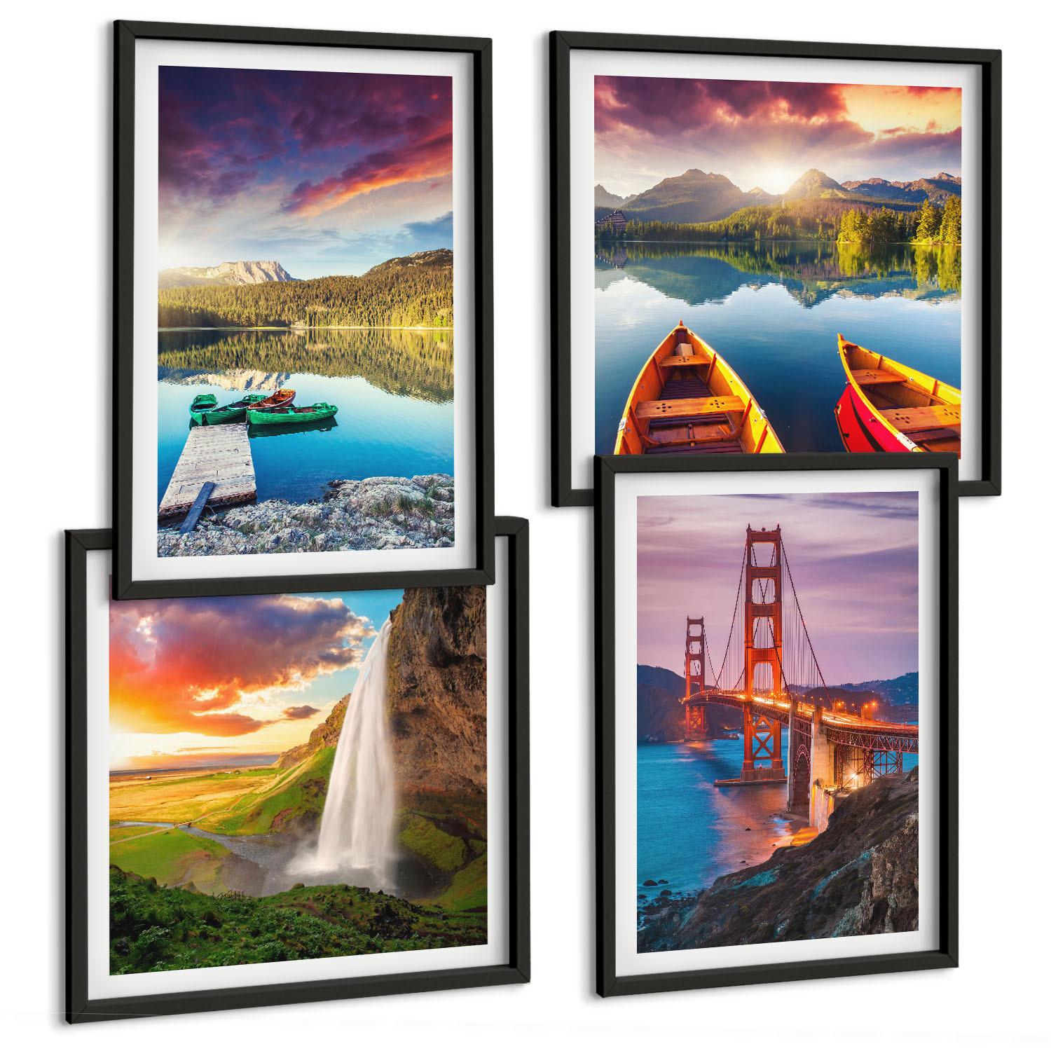 BILDER SET 4er Set - 50x50 cm & 40x60 cm Schwarzer Rahmen - Bergseen, Boote, Brücken - Schwarz, Kunststoff (50/50cm) - TULUP