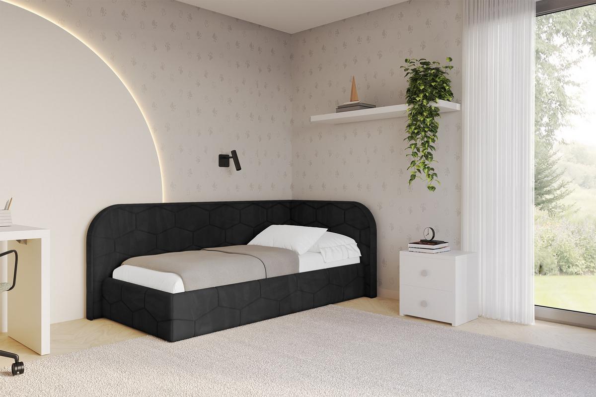 EINZELLBETT Jugendbett mit Bettkasten und Matratze H3/H4, Links - JAXY 90x200 Schwarz - Schwarz, Holzwerkstoff/Textil (90/200cm) - ALTDECOR