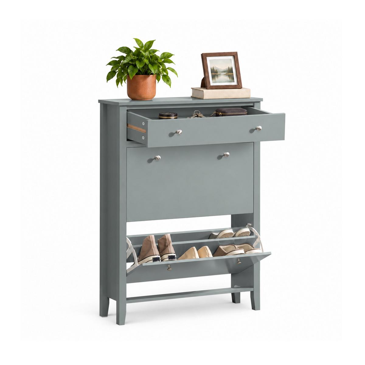 SCHUHSCHRANK Grau, 80 x 108 x 25 cm, mit Schublade und 2 Klappen für bis zu 12 Paar, schmal für den Flur - Grau, Holzwerkstoff (80/108/25cm) - SoBuy