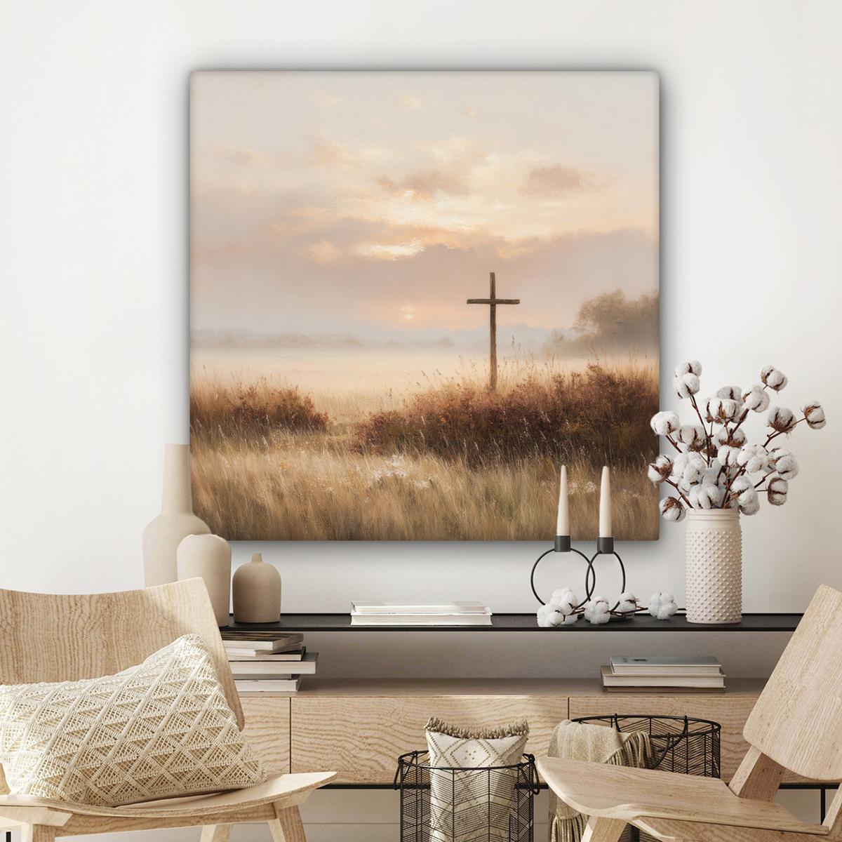 LEINWANDBILD Gras - Morgennebel - Kreuz - Christentum Deko Groß 90x90 cm - Beige, Textil (90/90cm) - MuchoWow
