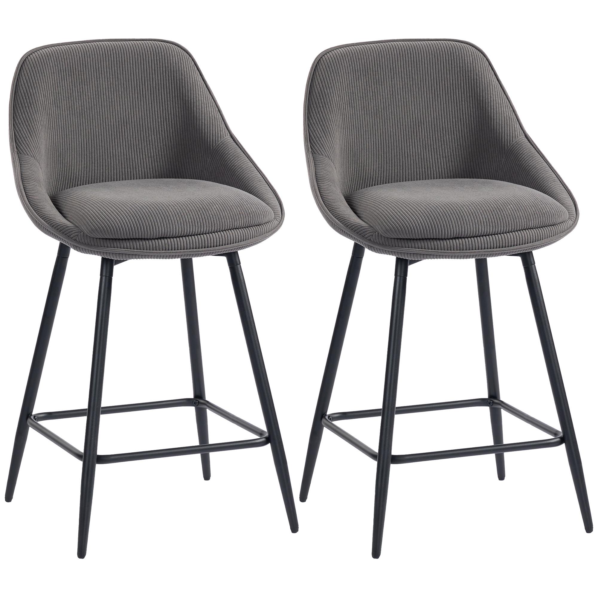 BARHOCKER 2er Set mit Fußstütze Rückenlehne Kord-Optik Grau - Schwarz/Grau, Textil (49/88/52cm) - HOMCOM