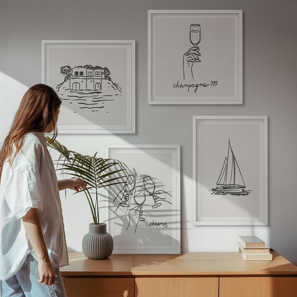 BILDER SET 4er Set - 50x50 cm & 40x60 cm Weißer Rahmen - Haus am Wasser, Toastsegelboot - Weiß, Kunststoff (50/50cm) - TULUP