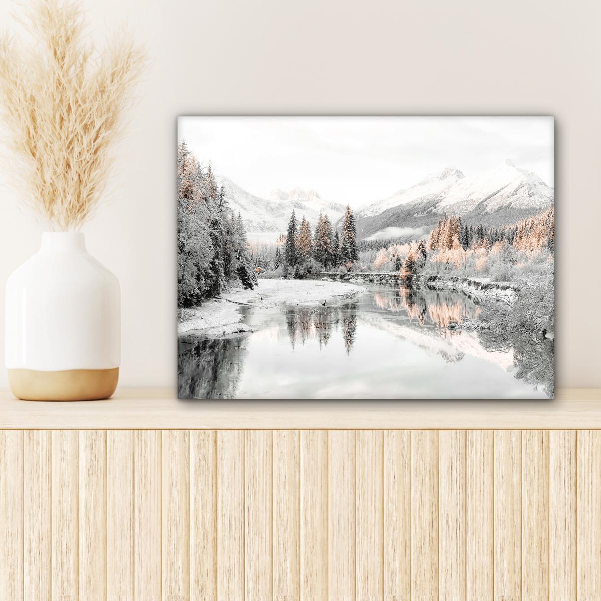 LEINWANDBILD Natur - Winter - Bäume - Berge - Schnee Wandbild 40x30 cm - Weiß Hochglanz, Textil (40/30cm) - MuchoWow