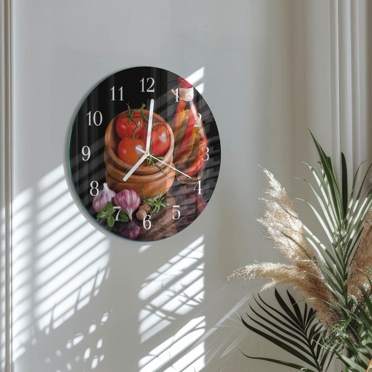 WANDUHR aus Glas Ø30 cm - Tomaten und Knoblauch - Rot, Glas (30/30/0.4cm) - TULUP