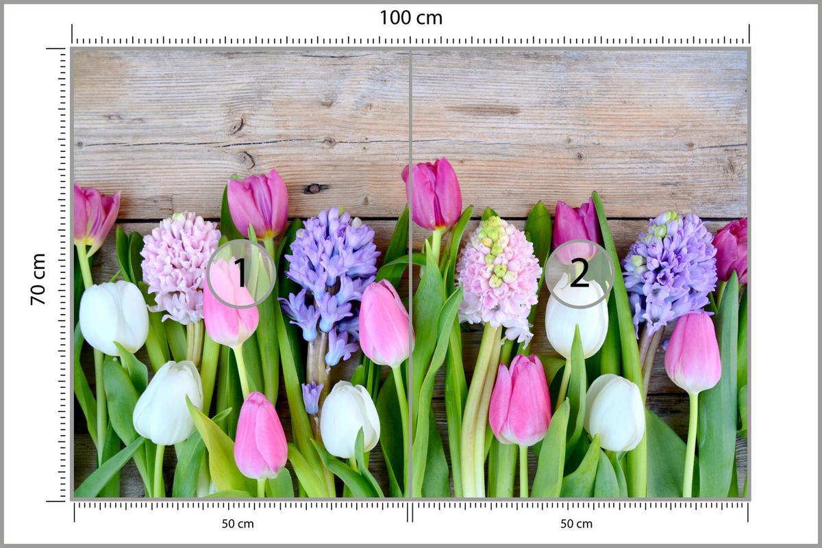 FOTOTAPETE für Küche Rosa Tulpen Violette Hyazinthen Holztisch 100x70 - Ecru/Violett, Papier (100/70cm) - Muralo