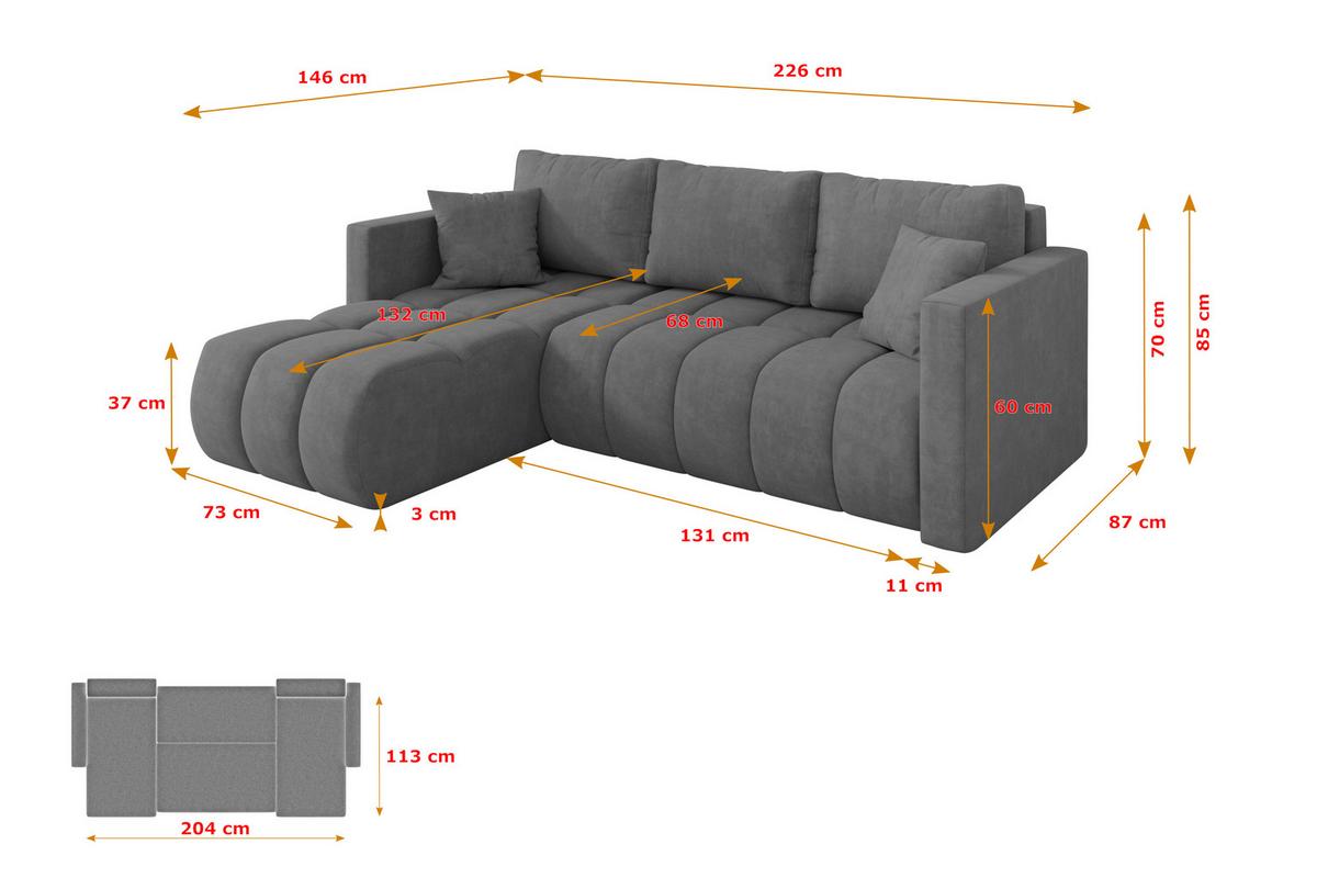 ECKSOFA mit Schlaffunktion Ottomane Links GARD-L 226x146x85 Grau Velours - Taupe/Schwarz, Holzwerkstoff/Kunststoff (226/146cm) - ALTDECOR