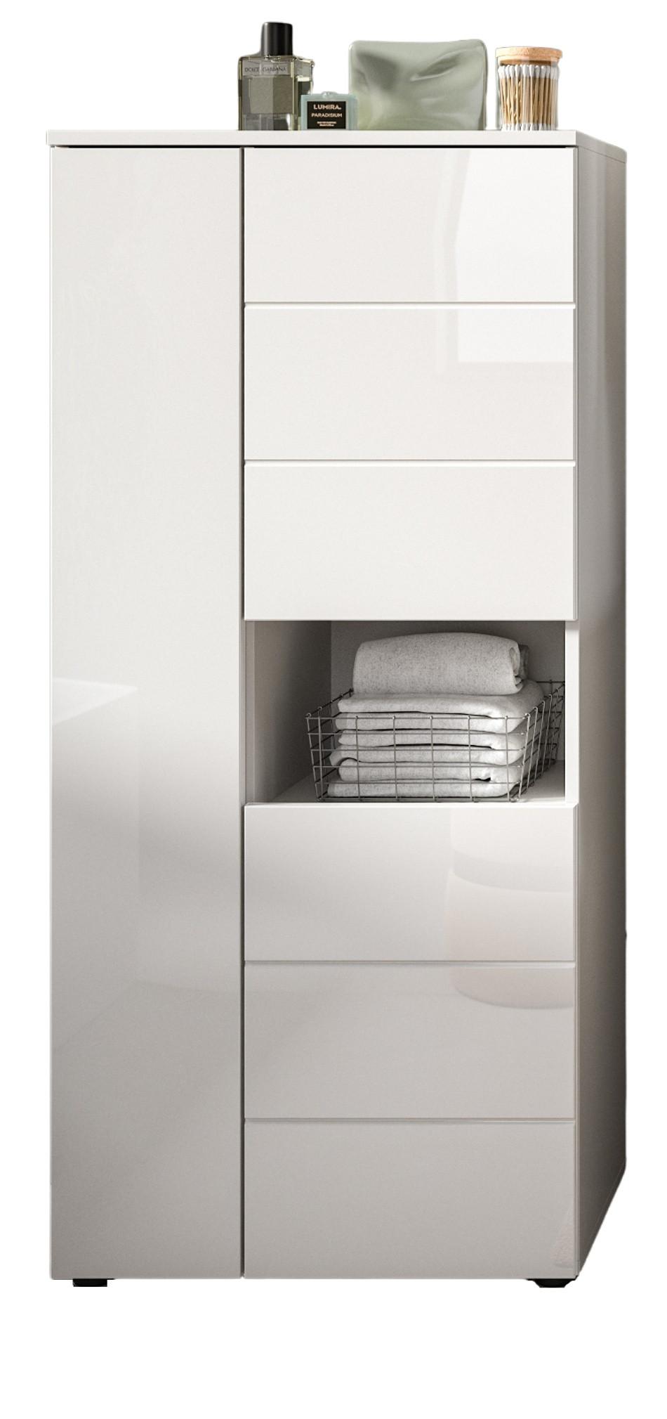 BADSCHRANK weiß Hochglanz 60 x 131 cm, Midischrank mit 9 Fächern - Weiß Hochglanz/Schwarz, Holzwerkstoff/Kunststoff (60/131/34cm) - Inn.Furn