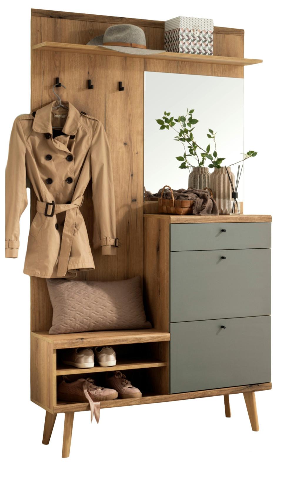 GARDEROBEN-SET Evoke Eiche und Salbei, Kompaktgarderobe skandinavisch 110 x 200 cm - Salbeigrün/Eichefarben, Glas/Holz (110/200/34cm) - Furn.Design