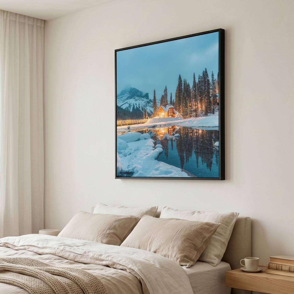 LEINWAND Bilder mit Rahmen - Winterlandschaft - Natur - Haus - Berge - Schnee - 90x90 - Hellblau, Textil (90/90cm) - MuchoWow