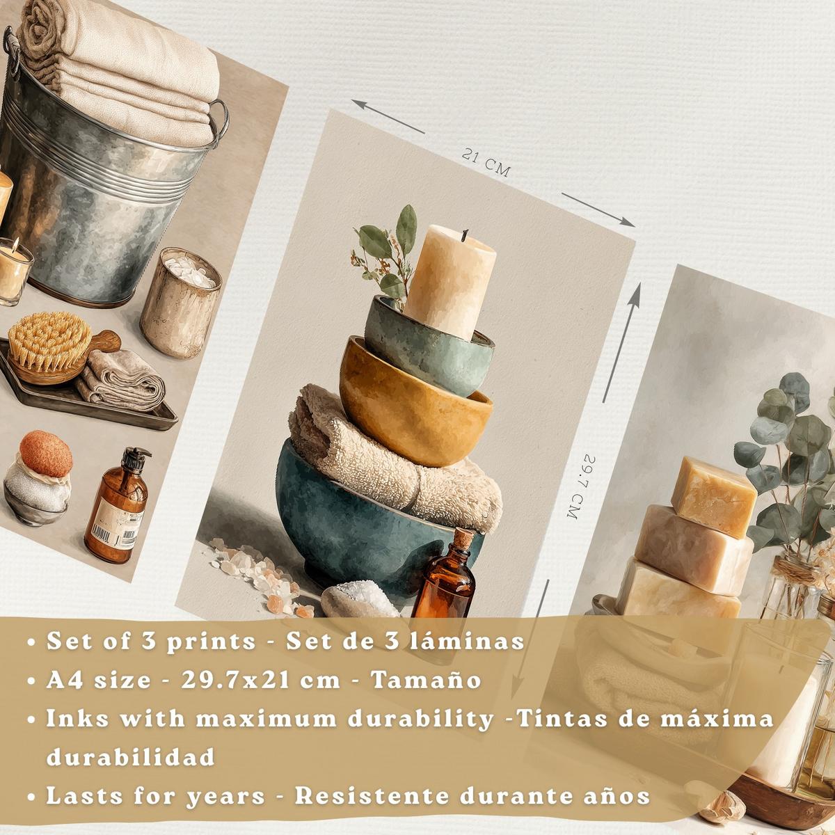 POSTER Set aus 3 Badezimmer Wandbildern und Drucke zur Dekoration für Waschbecken Dusche WC mit Kerzen Seifen und Handtüchern Leichter Holzrahmen A4 - Beige, Papier (29.7/21/3cm) - Nacnic