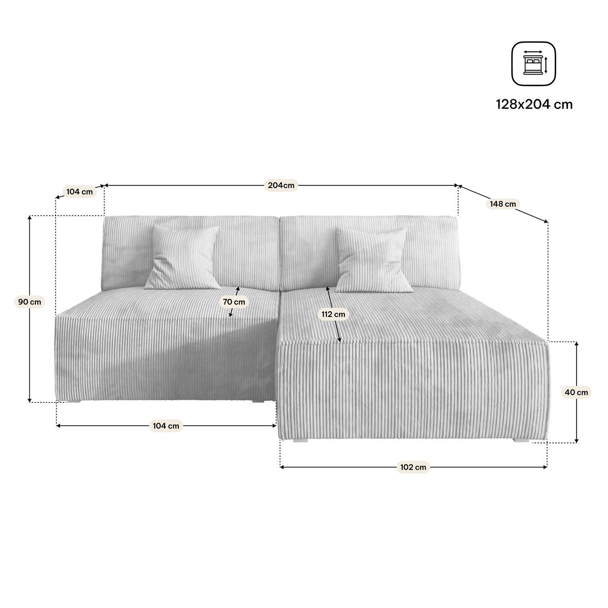 ECKSOFA FIORO P Hellgrau Kordstoff mit Schlaffunktion - Hellgrau/Grau, Holz/Kunststoff (204/148cm) - MASSENO