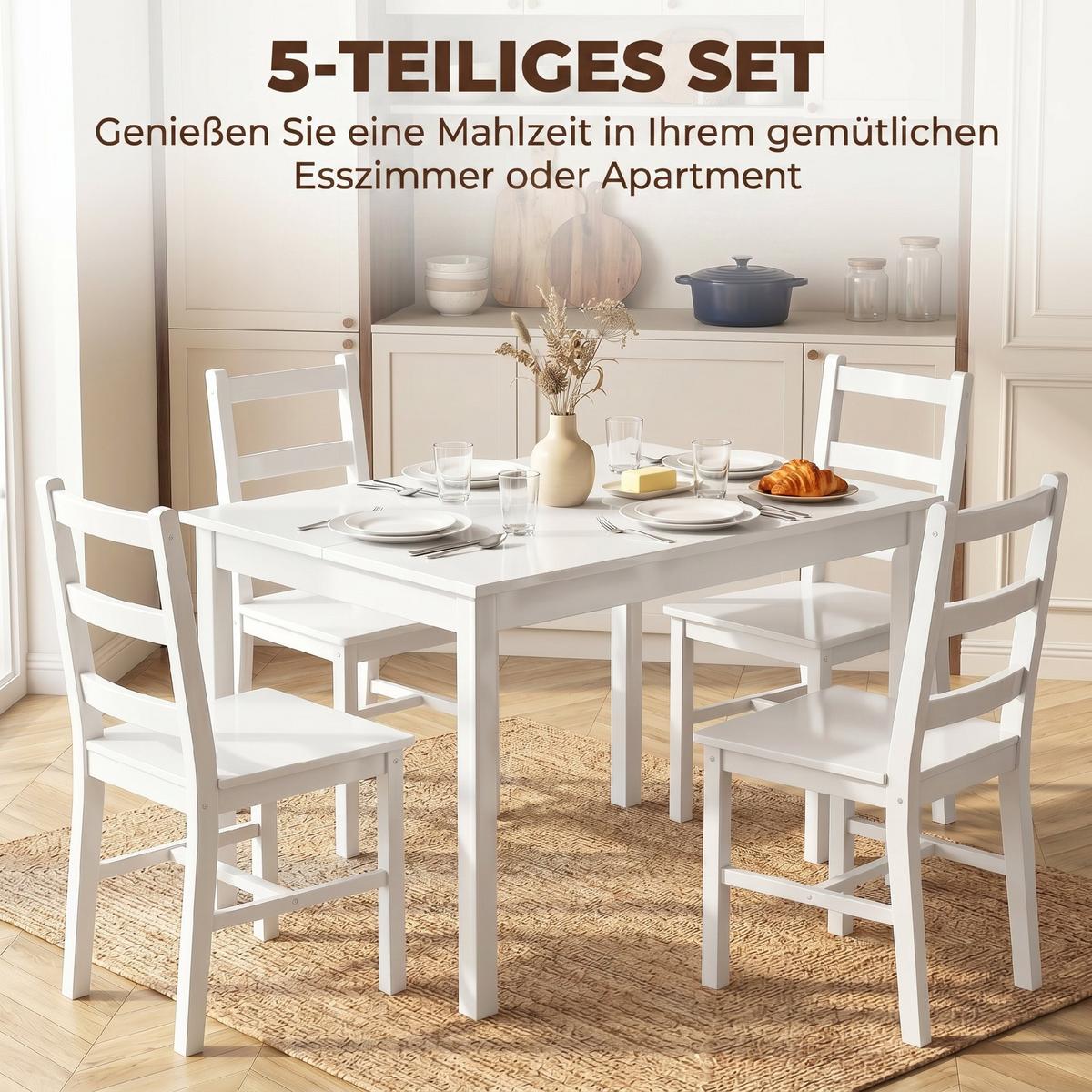ESSGRUPPE 5er Set Kiefernholz Weiß - Weiß, Holz (73/75/118cm) - HOMCOM