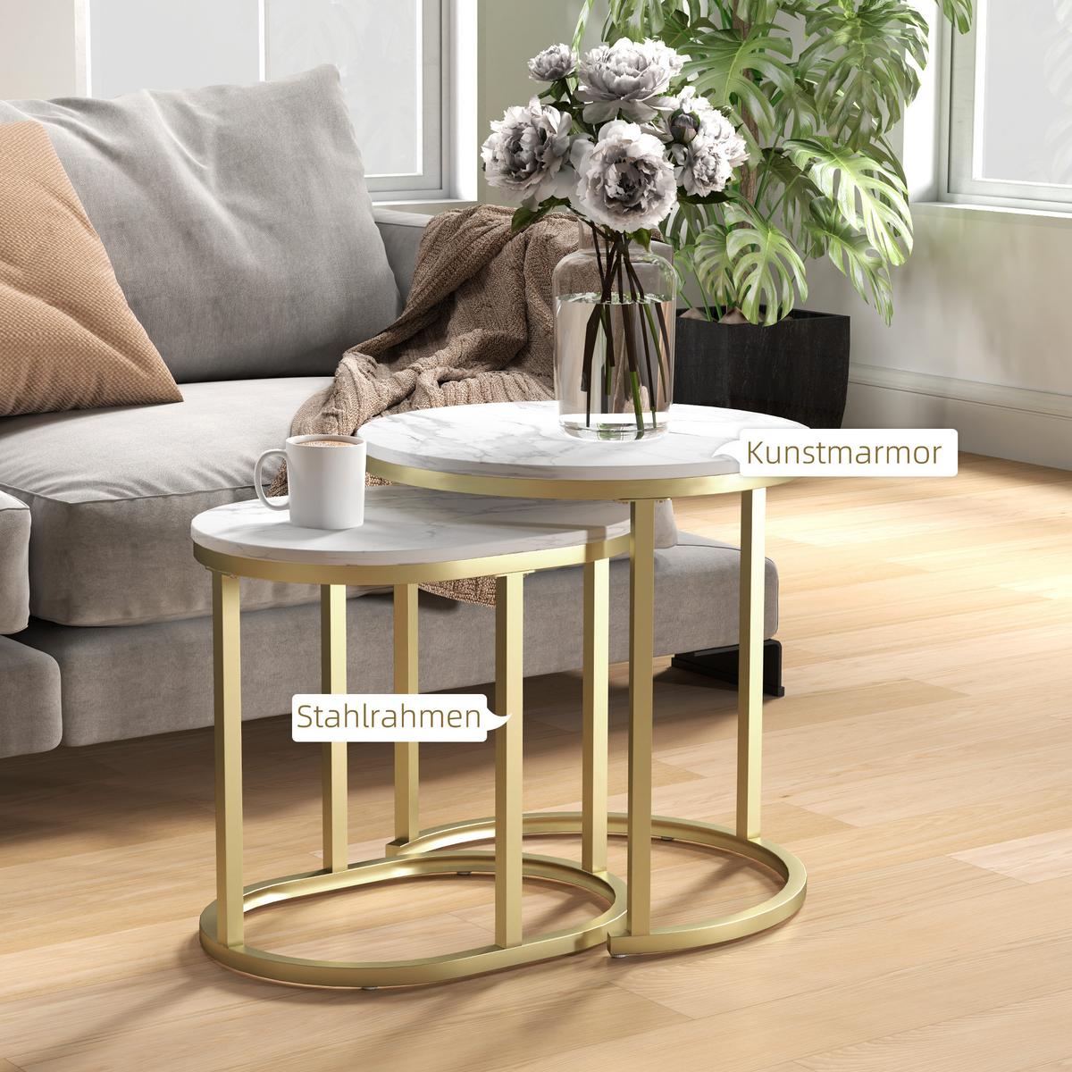 COUCHTISCH rund 2er Set Stapelbarer Beistelltisch mit Stahlrahmen für Wohnzimmer - Weiß, Holzwerkstoff (50/50/50.5cm) - HOMCOM