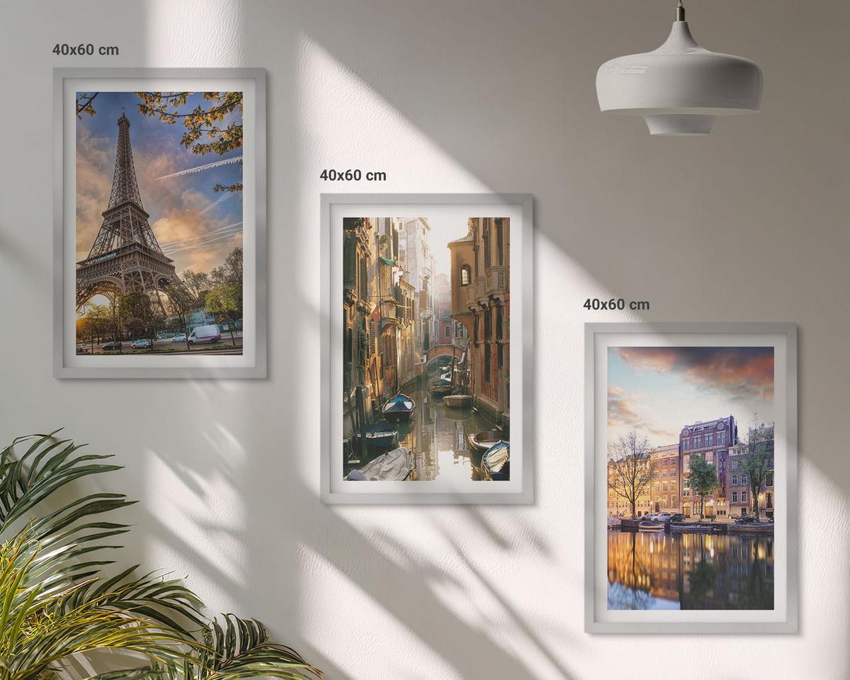 BILDER SET 3er Set - 40x60 cm Silberner Rahmen - Eiffelturm Venedig Amsterdamer Kanäle - Silberfarben, Kunststoff (40/60cm) - TULUP