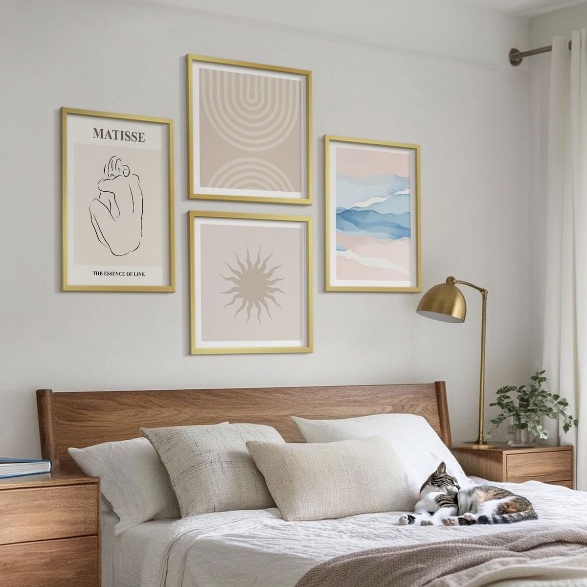BILDER SET 4er Set - 50x50 cm & 40x60 cm Goldrahmen - Linien, Wellen, Pastellfarben, minimalistisch - Goldfarben, Kunststoff (50/50cm) - TULUP