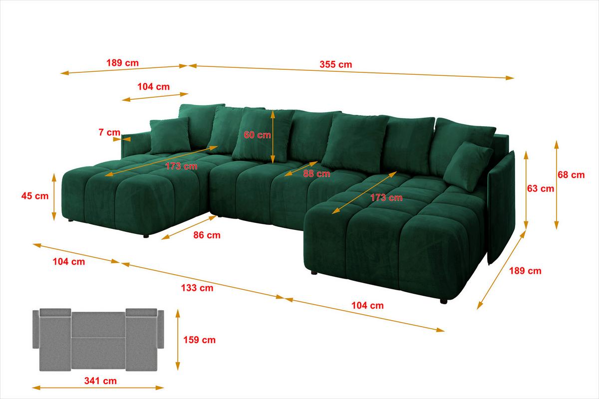WOHNLANDSCHAFT LONLI-U 355x189x68 Dunkelgrün Velours - Dunkelgrün, Holzwerkstoff/Kunststoff (355/68/189cm) - ALTDECOR