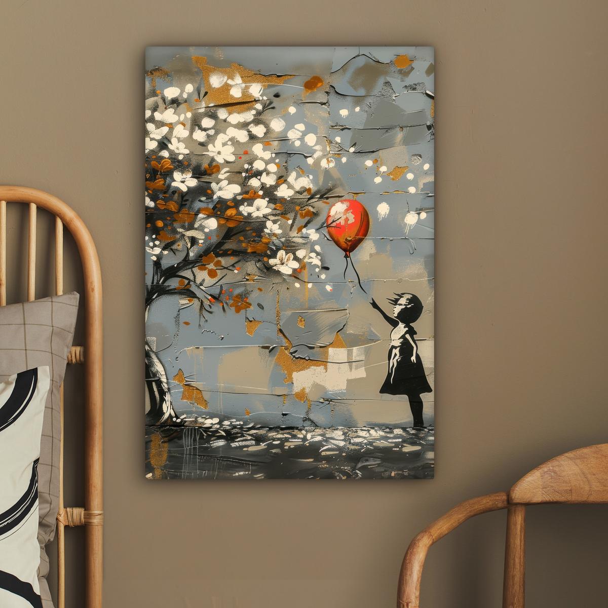 LEINWANDBILD Baum - Graffiti - Banksy-Stil - Ballon-Mädchen Wanddeko 40x60 cm - Blaugrau, Textil (40/60cm) - MuchoWow