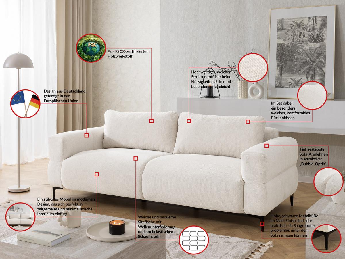 3-SITZER-SOFA Cardea in Bubble-Optik aus weichem Creme Strukturstoff mit hohem Sitzkomfort - Creme/Schwarz, Holz/Textil (217/80/97cm) - S-Style Möbel