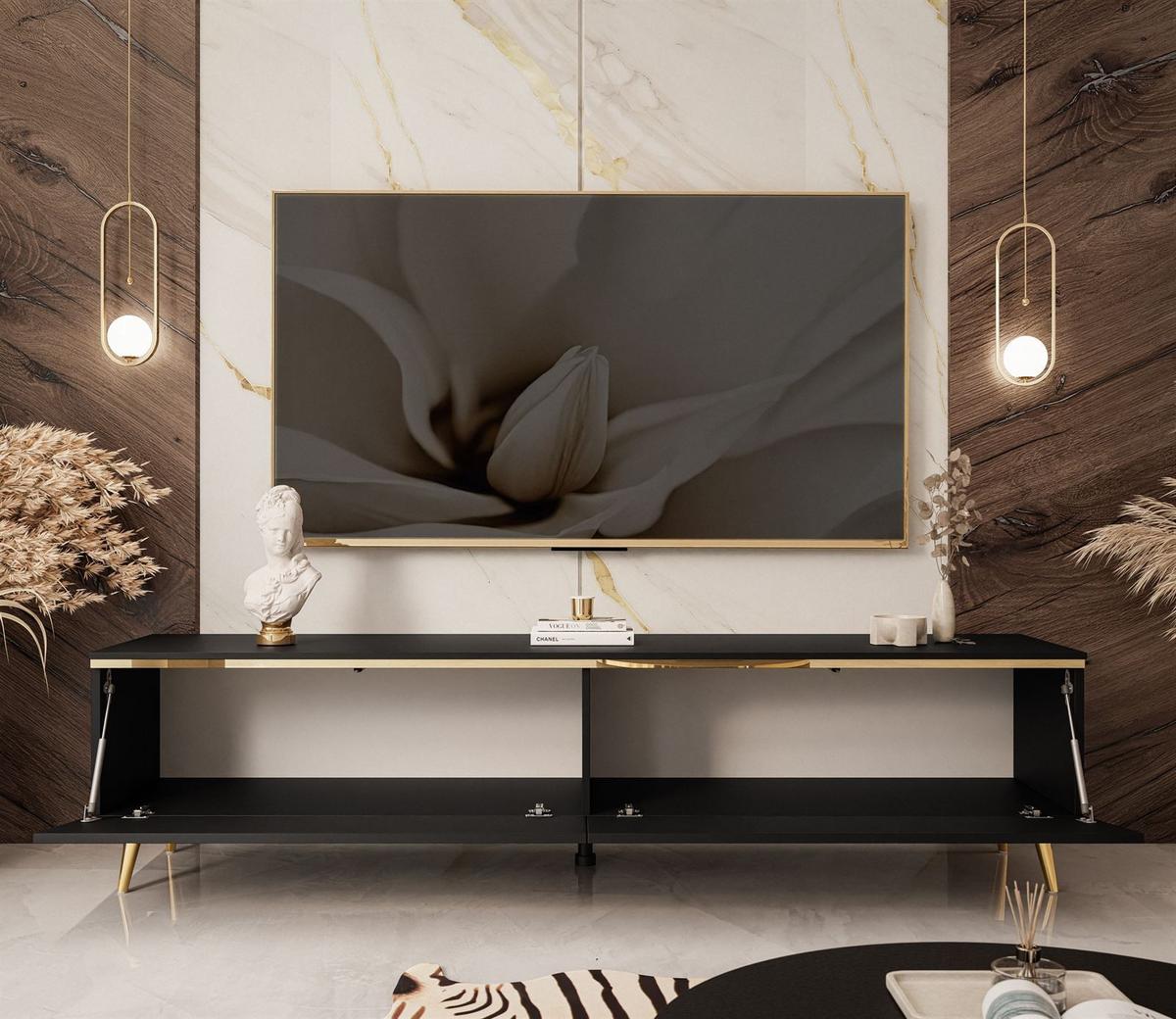 TV-LOWBOARD AURORA Schwarz Matt mit gerade Goldchrom Fuße und LED Beleuchtung - Goldfarben/Schwarz, Holzwerkstoff/Metall (180/45/40cm) - Lookway