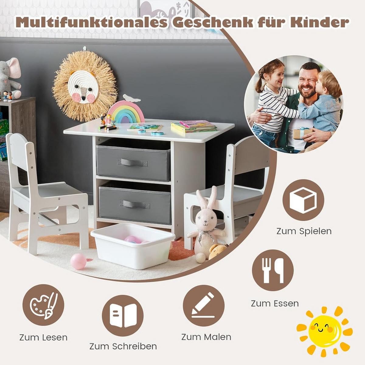 KINDERTISCHE mit Stühlen grau(3-tlg) - Grau, Holzwerkstoff (71/50/48cm) - COSTWAY