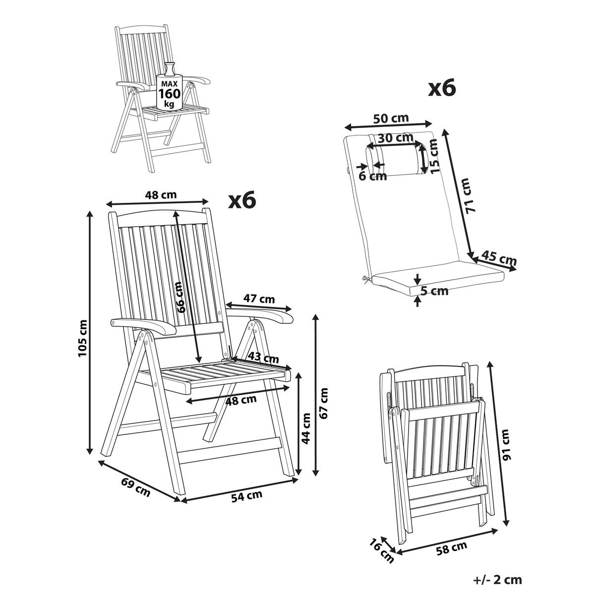 GARTENSTUHL 6er-Set und Sitzkissen Akazienholz Cremeweiß Java Premium - Hellbraun, Holz (54/105/69cm) - Beliani