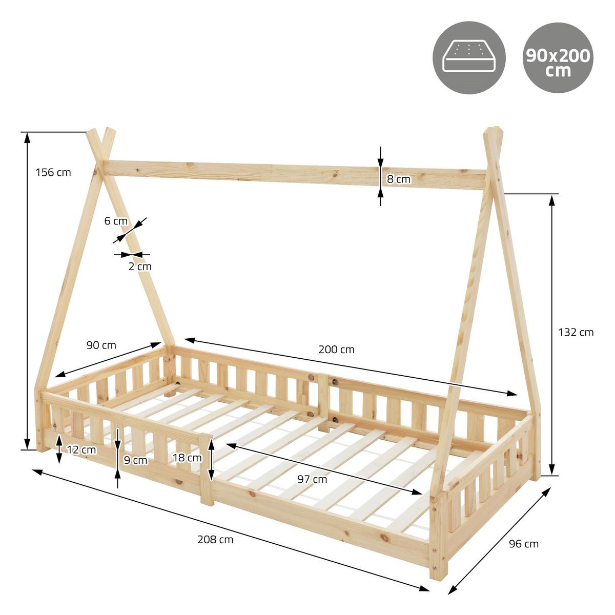 KINDERBETT Tipi mit Matratze 90x200 cm Natur - Naturfarben, Holz (90/200cm) - ML-DESIGN