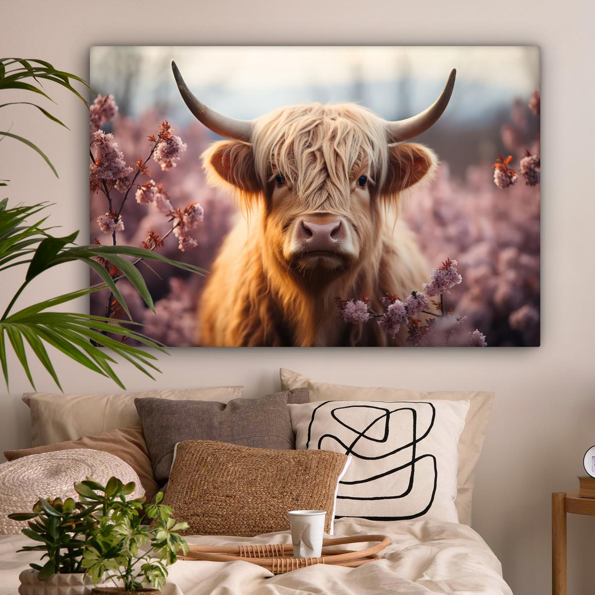 LEINWANDBILD Schottischer Hochländer - Frühling - Hochland Groß 140x90 cm - Hellrosa, Textil (140/90cm) - MuchoWow