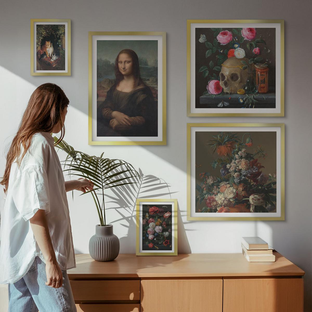 BILDER SET 5er Set - 50x50 cm & 20x30 cm & 40x60 cm Goldrahmen - Vintage Blumen Totenkopf Mona Lisa - Goldfarben, Kunststoff (40/60cm) - TULUP