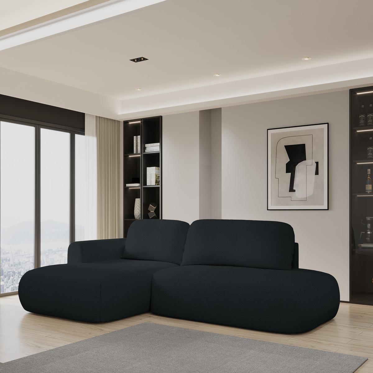 ECKSOFA NUVIRA L-S Schwarz Boucle-Stoff mit Schlaffunktion - Schwarz, Holz (279/158cm) - MASSENO