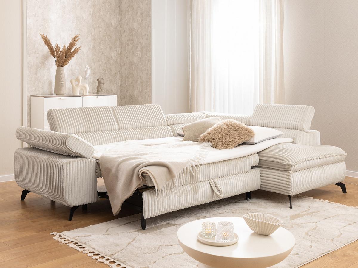 ECKSOFA mit Schlaffunktion und Bettkasten Bonnie aus Creme Cord-Stoff mit verstellbaren Kopfstützen und Armlehne - Ottomane rechts - Creme/Schwarz, Holz/Textil (275/210cm) - S-Style