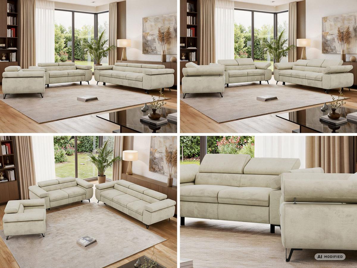 SITZGARNITUR PETER 1+2+3 mit Schlaffunktion - Beige Velvet - Beige/Schwarz, Textil/Metall (262/76/99cm) - MKS