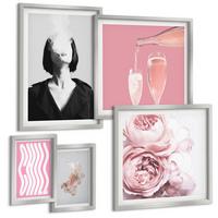 BILDER SET 5er Set - 50x50 cm & 20x30 cm & 40x60 cm Silberner Rahmen - Stilvolles Porträt mit Champagner - Silberfarben, Kunststoff (40/60cm) - TULUP